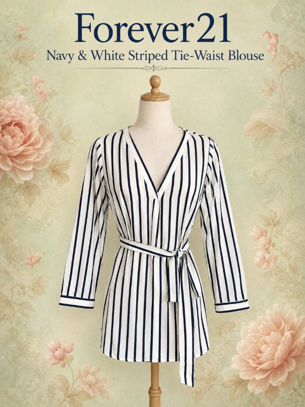 Forever21 Navy & White Striped Tie-Waist Blouse